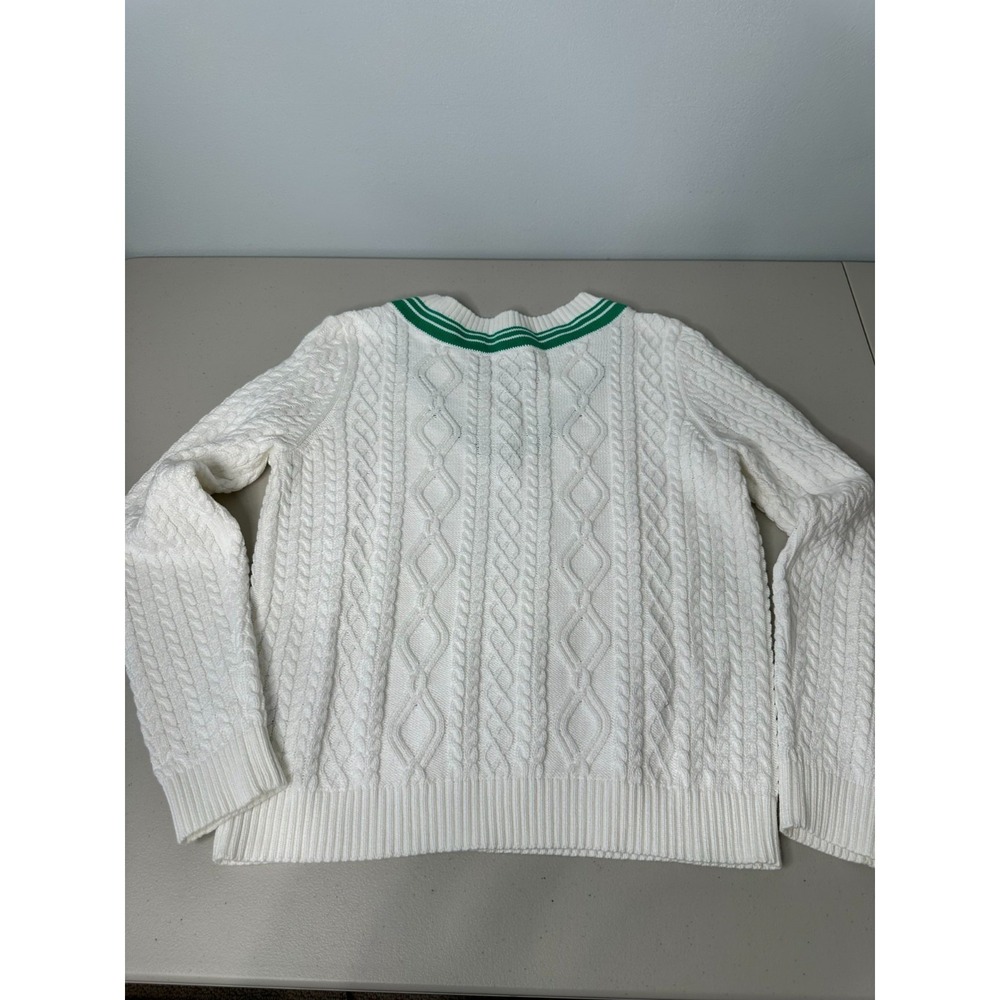 New Lands End Cricket Sweater Size M White Green Cable Knit V Neck Preppy - Picture 2 of 8